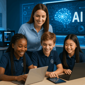 Teacher with students around a laptop